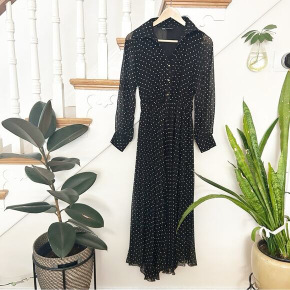Zara Dresses & Skirts - Zara Black Polka Dot Maxi Dress Button Front Collared Long Sleeve Size XS